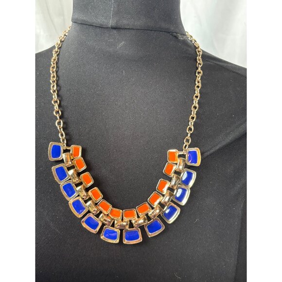 Orange & Blue Statement Necklace With Double Row Square Resin Accents On Gold-To - Picture 9 of 9